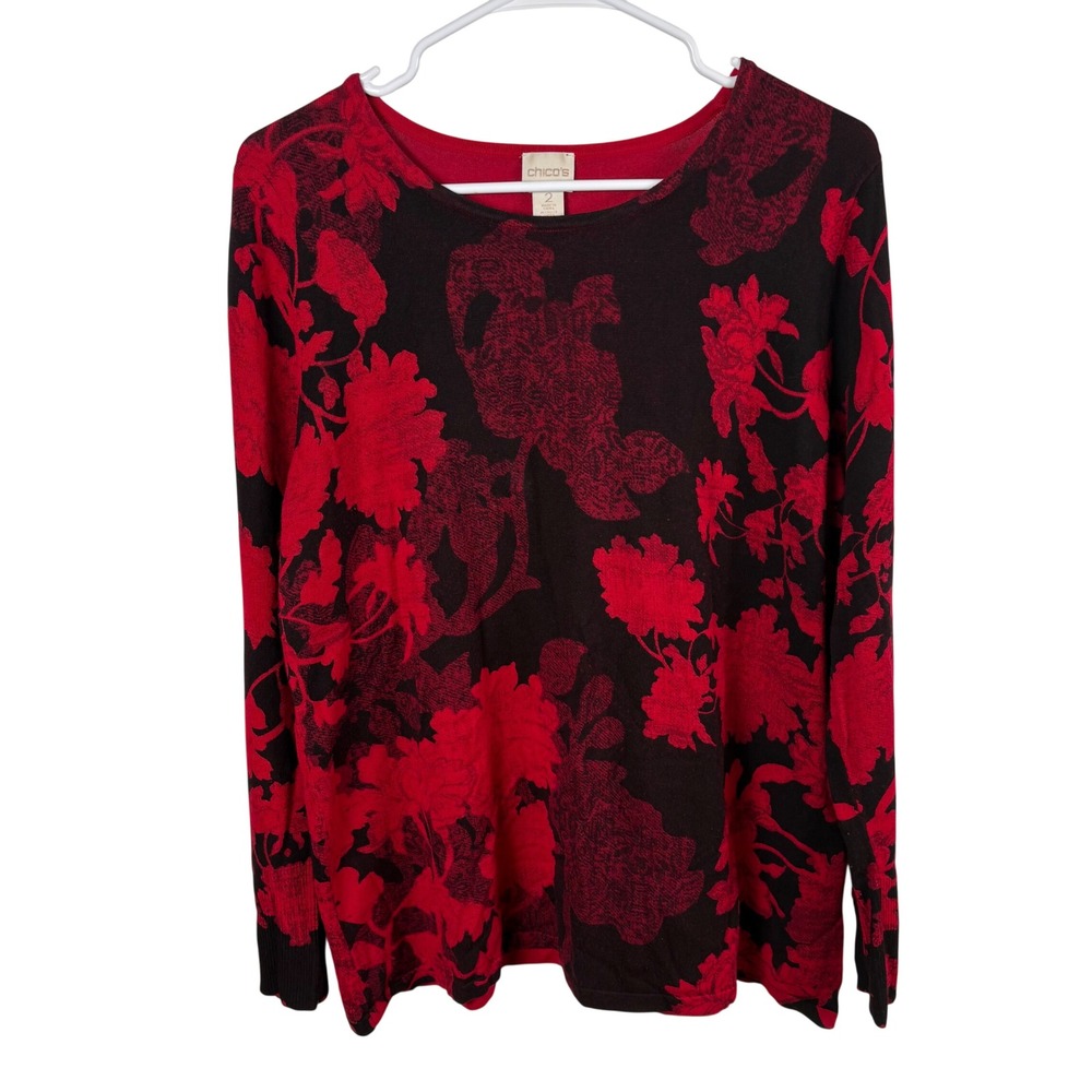 Chico's Sweater Women's 2/L Red Black Floral Knit Top Dark Academia Whimsigoth